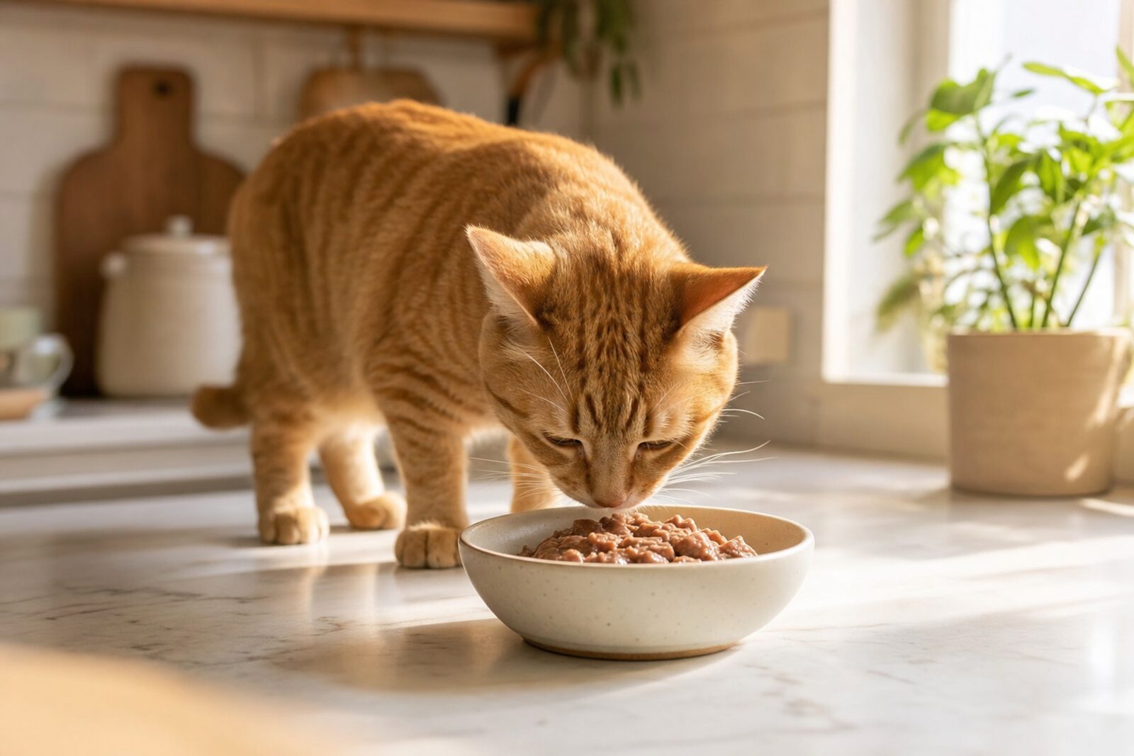 Cat beside a bowl of food