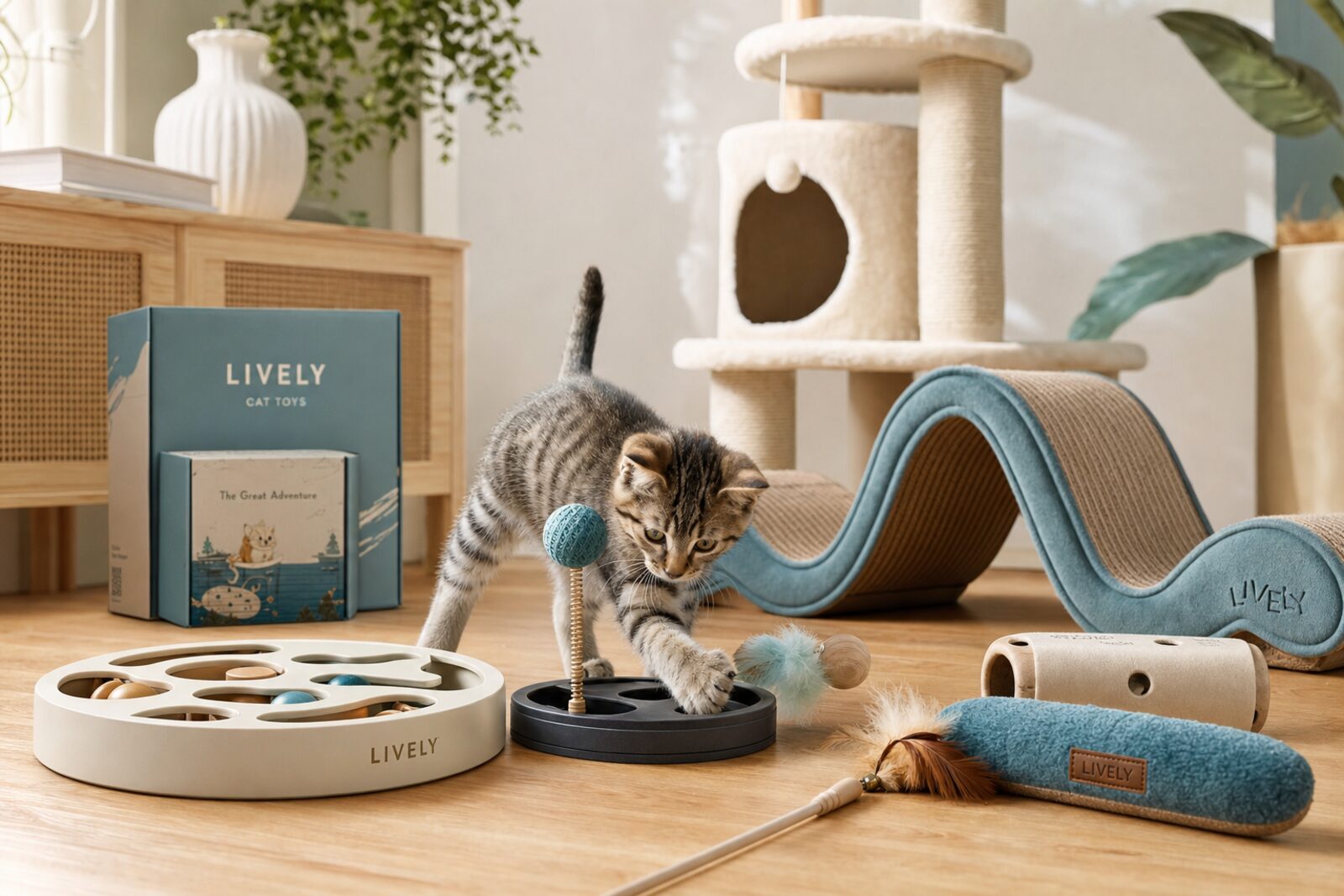 Cat surrounded by toys and supplies