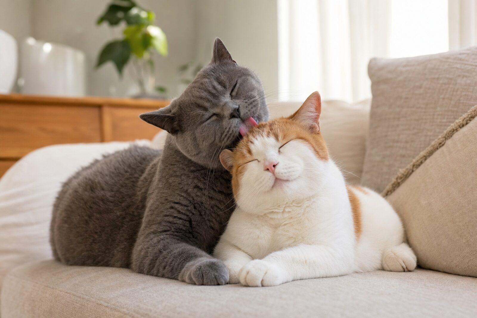 Two cats resting together at home