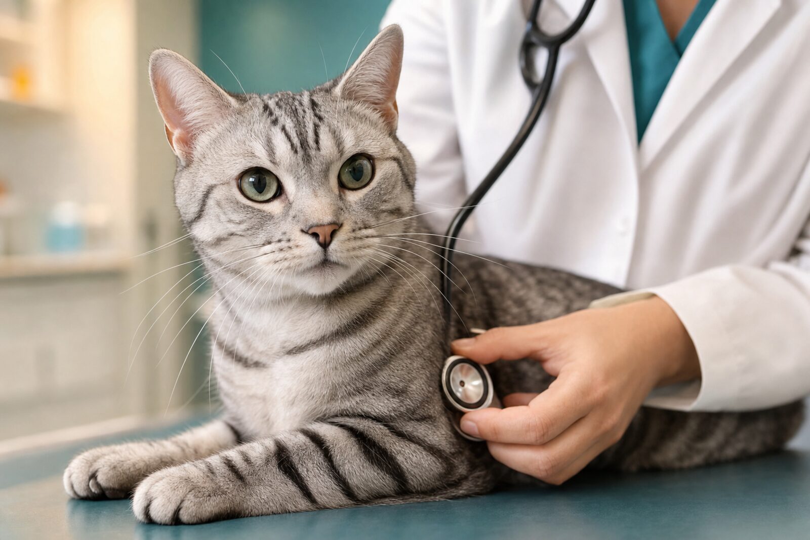 Veterinarian gently examining a cat